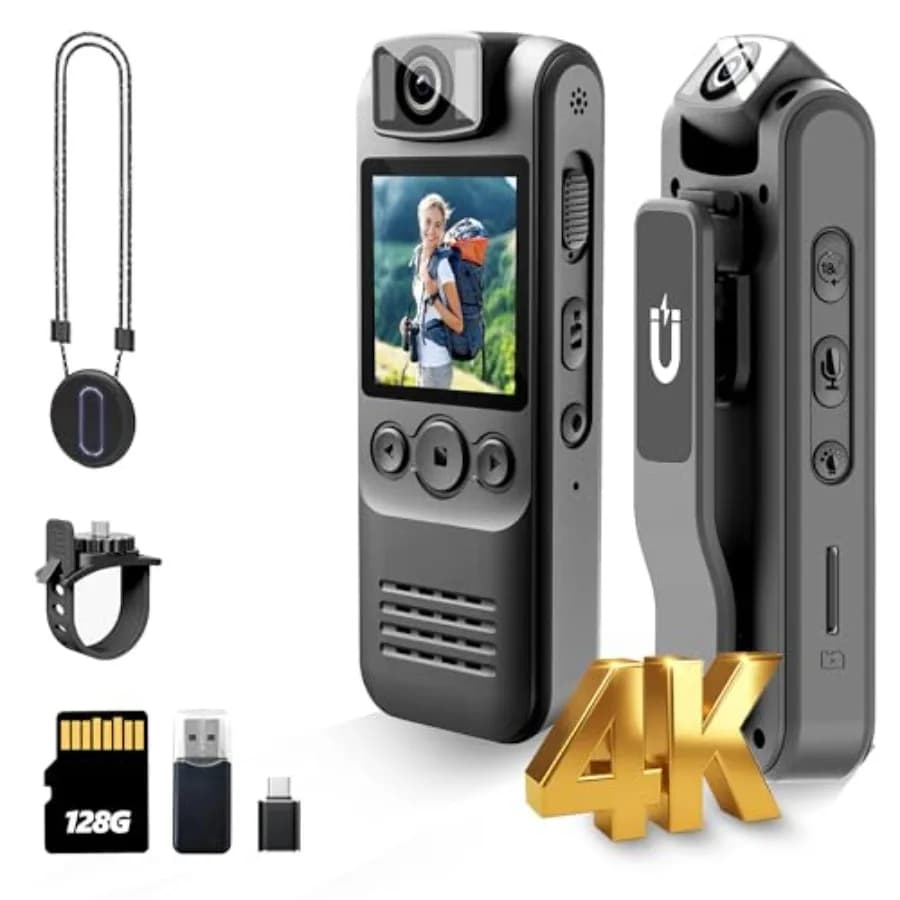 Telecamera indossabile 4K 128GB per esterni/sport/sicurezza/polizia, in plastica ABS, nera, con clip magnetica per montaggio su bici, obiettivo rotante a 180°