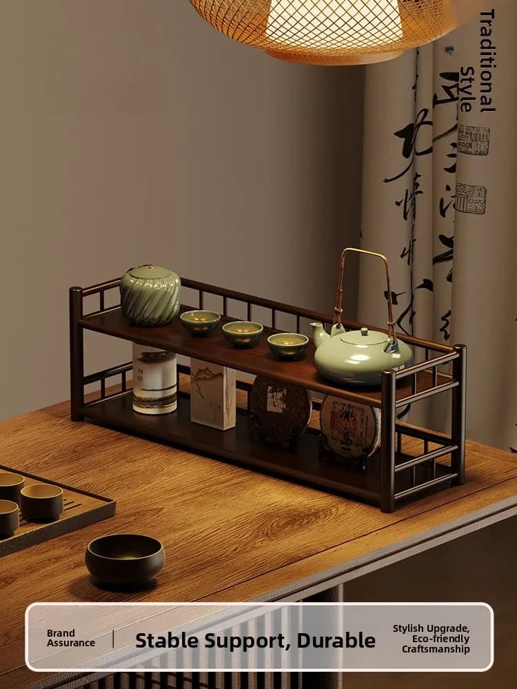 Antique Style Wood Tea Set Storage Rack Multi-Layer Desktop Organizer Large Capacity Storage Shelf Bamboo Material