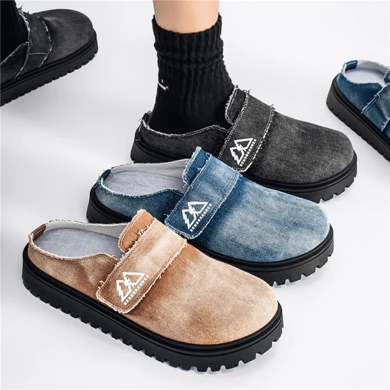 Scarpe da uomo primavera/estate, mules, in denim lavato, effetto invecchiato e lucido, modello slip-on casual e di tendenza per il commuting.