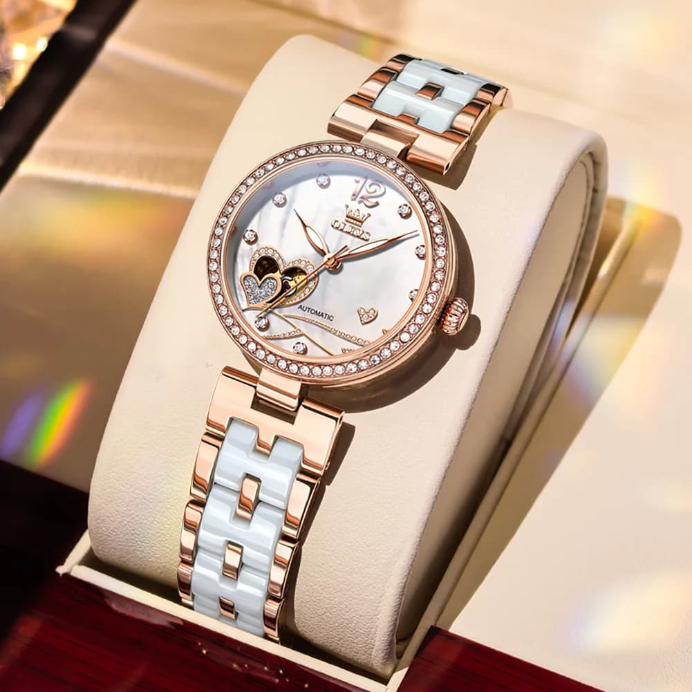 OLEVS Watches Ceramic Women's Mechanics With Design Scheletrate, New Automatic Luxury Watch, Waterproof, Original