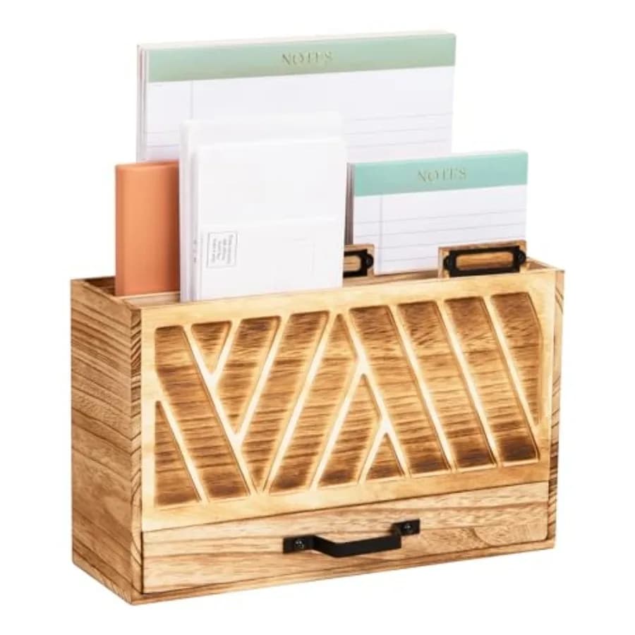 Organizzatore da Scrivania in Legno Naturale con Cassetto, Porta Lettere a 3 Livelli con Slot per Etichette, Classificatore di Documenti per Ufficio, Marrone