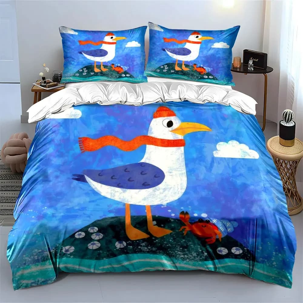 Set decorativo con gabbiano e granchio, set di biancheria da letto con copripiumino morbido e confortevole, incluso 1 copripiumino e 2 federe, regalo