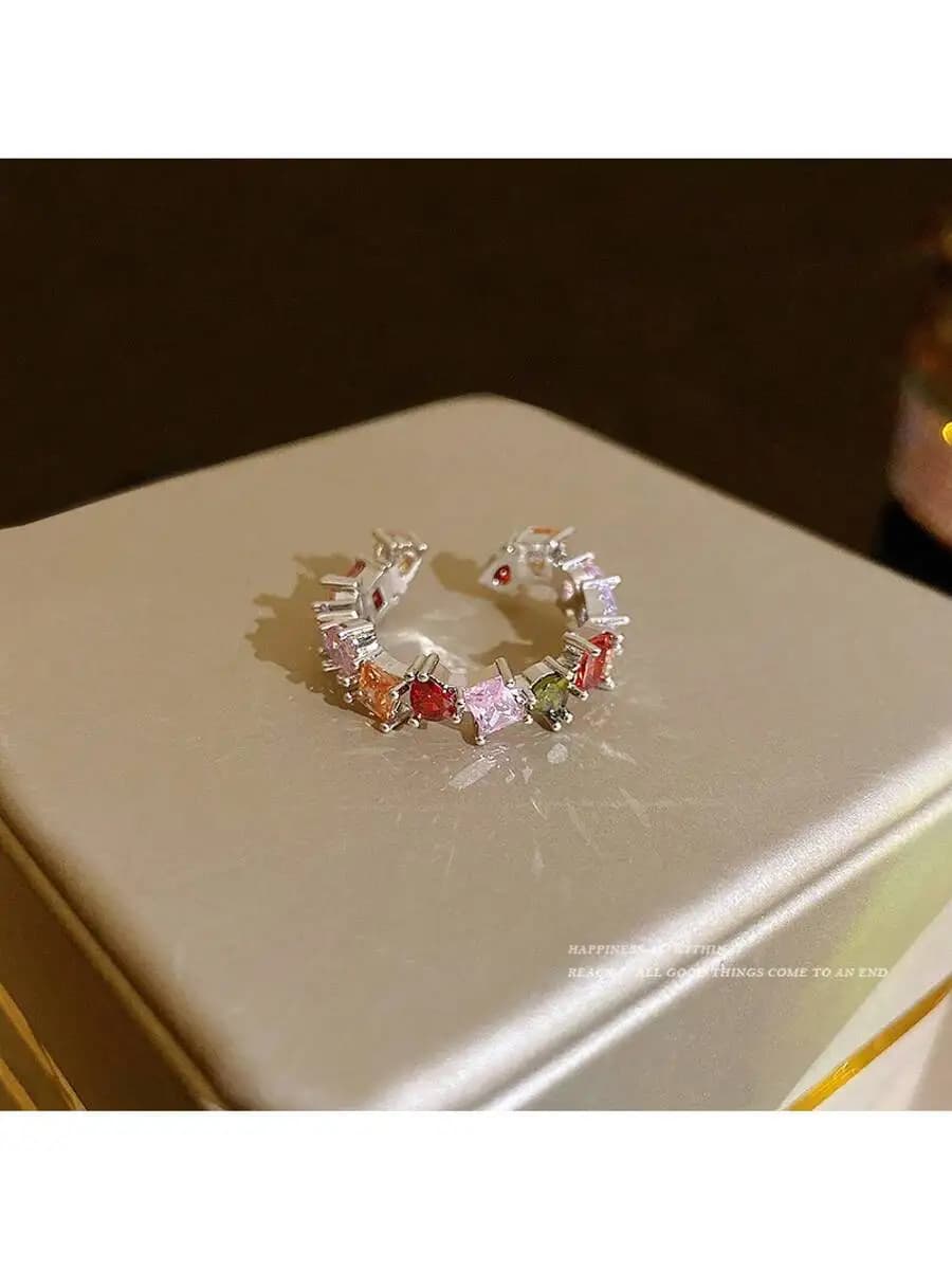 Retro Colorful Rhinestone Open Adjustable Ring For Women Light Luxury Index Finger Ring