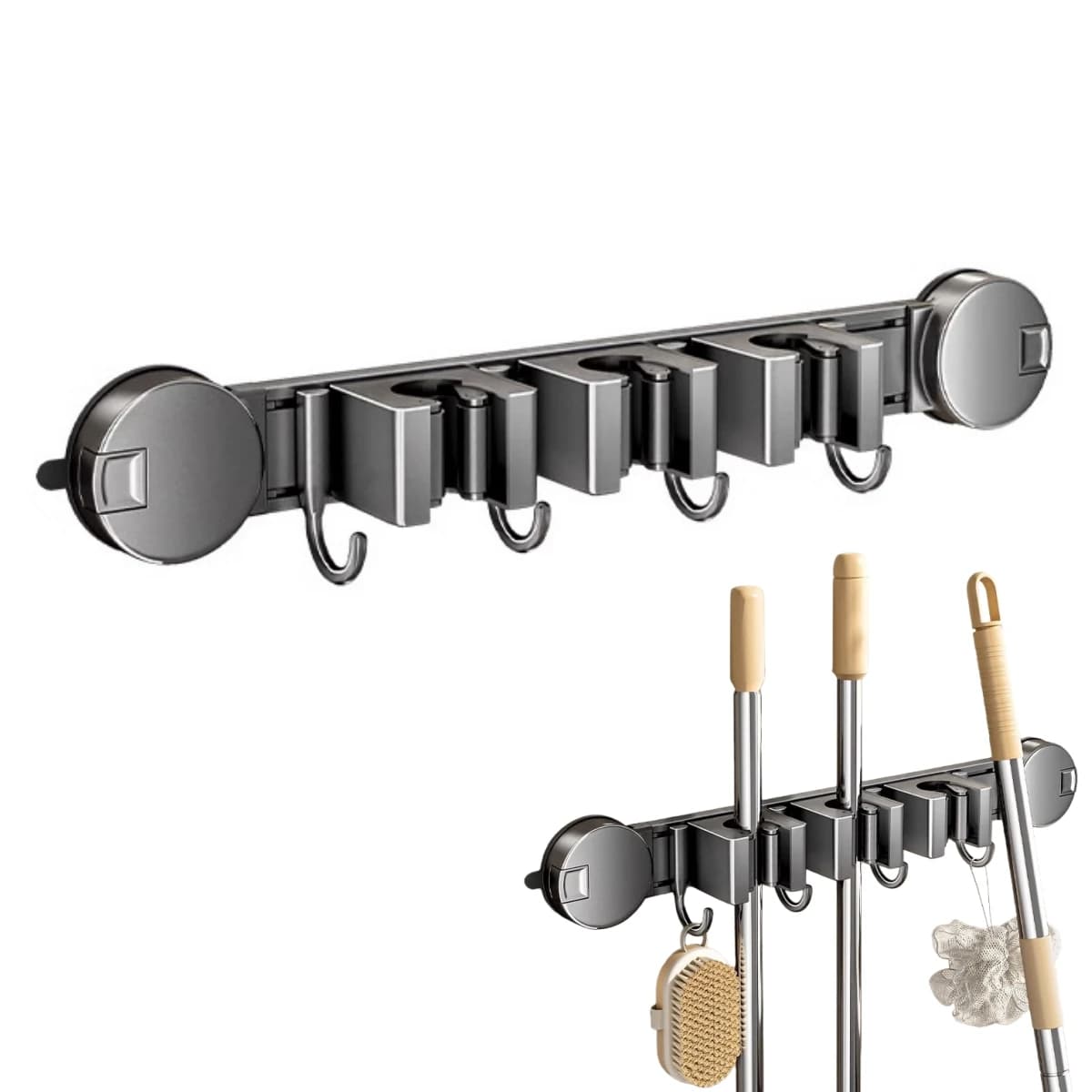 Aluminum ABS 3 Slots 4 Hooks Mop Holder Wall Mounted Suction Cup Broom Rack For Garage Laundry Room Cleaning Tools Organizer