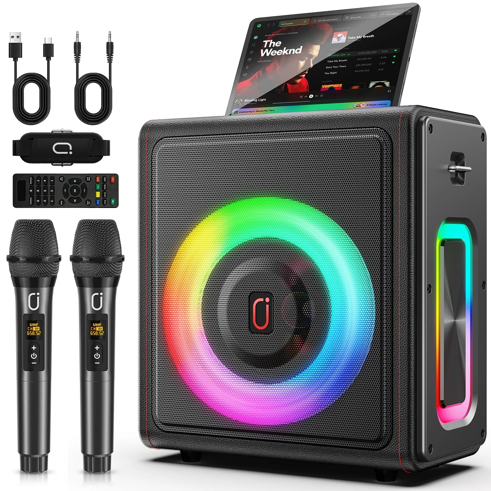Macchina per karaoke, altoparlante portatile Bluetooth 5.3 con 2 microfoni wireless per adulti, supporta scheda TWS/TF/USB/AUX/Live