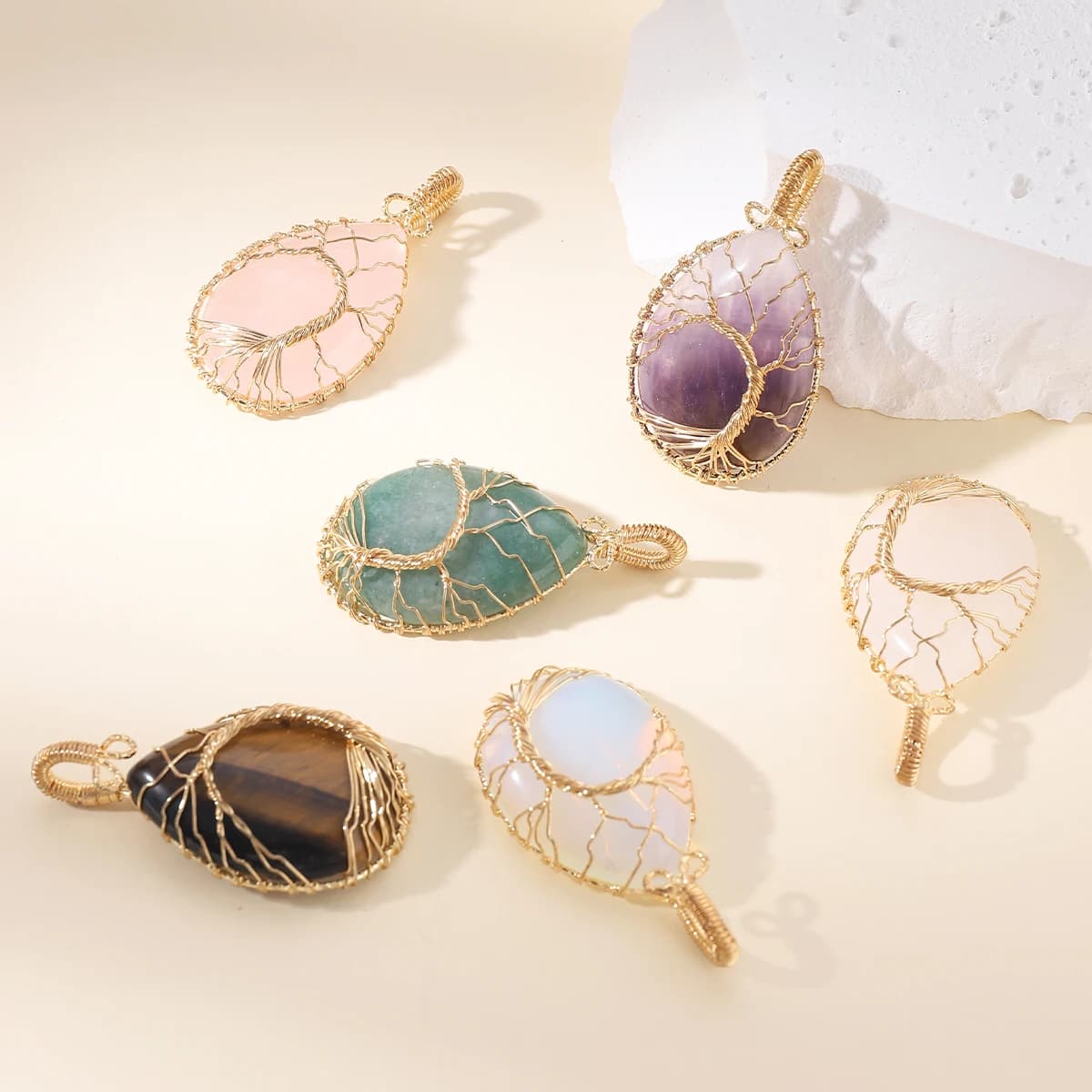 Handmade Amethyst Waterdrop Tree of Life Pendant Necklace Ethnic Style Rose Gold Handmade Drop Earrings Jewelry