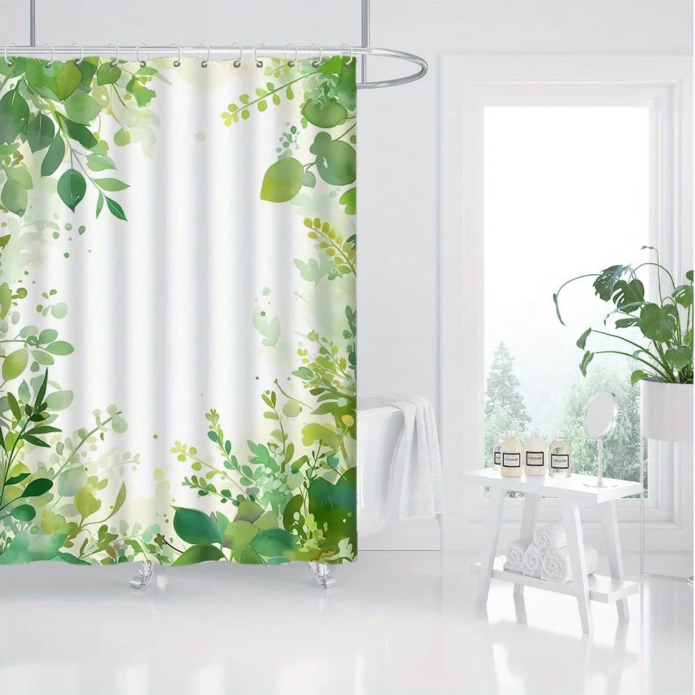 Tenda da doccia botanica verde: motivo a foglie primaverili, poliestere, ganci inclusi, design artistico naturale per bagni moderni