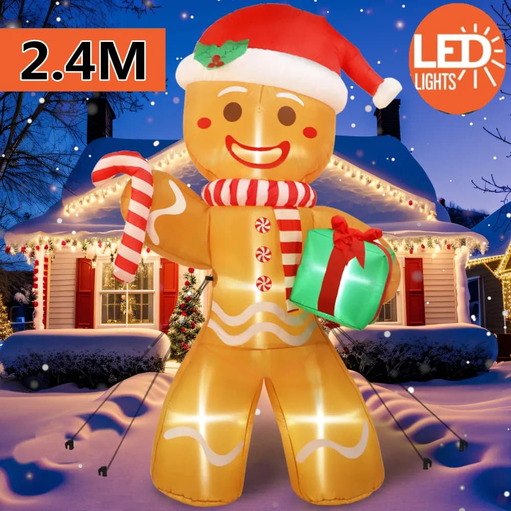 8FT/2.4M Gingerbread Man Christmas Inflatables with Gift Box Outdoor Decorations Garden Christmas Decorations with LED Lawn Lights