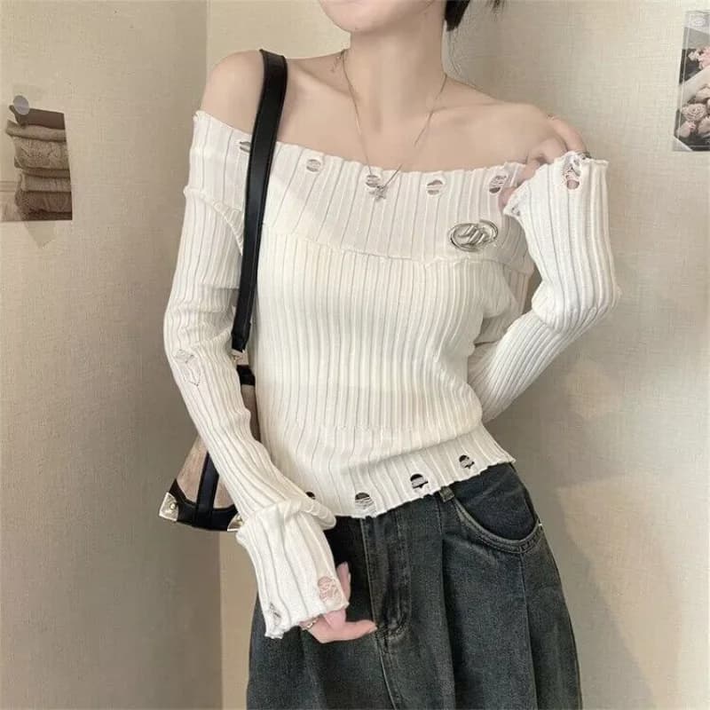 Vecchio maglione monospalla per il nuovo top francese con base slim autunnale da donna