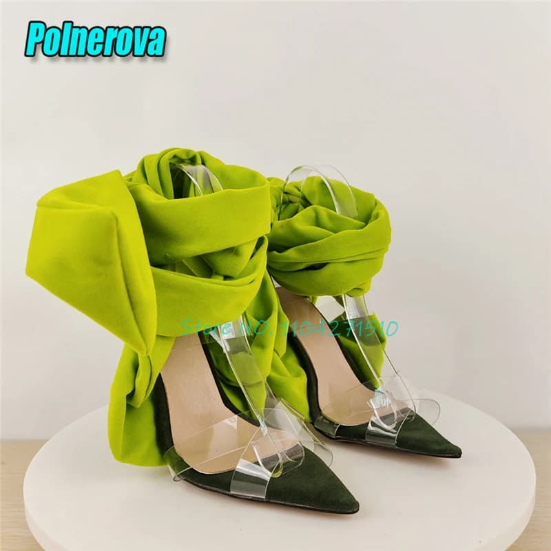 Green Ankle Wrapped High Heels Sexy Pointy Toe Transparent Cross Strap Sandals Party Wedding Dress Shoes Summer Ladies Sandalias