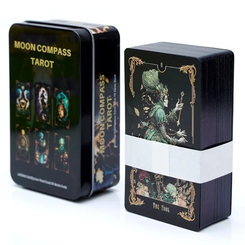 Tarocchi Moon Compass in una scatola di latta 78 carte dei tarocchi del sistema Rider Waite da 10,3 * 6 cm