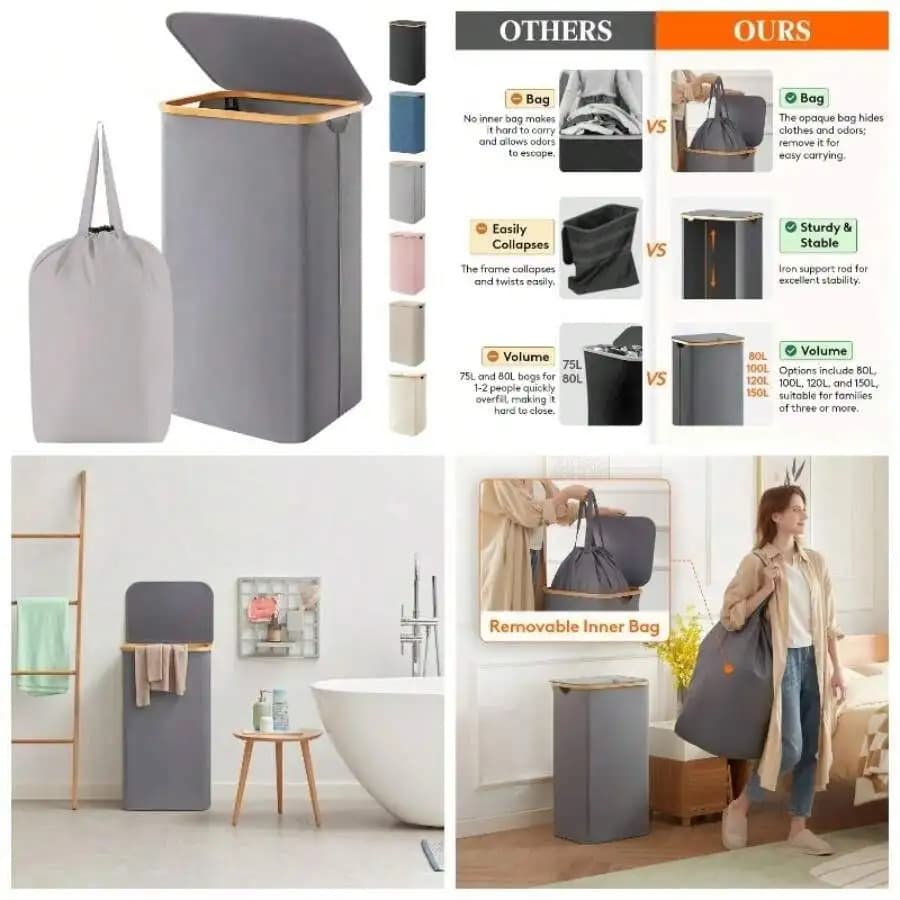 100L Laundry Basket With Lid, Clothes Hampers Laundry With Handles And 1 Removable Bag, Large Foldable Laundry Hamper Bedroom,
