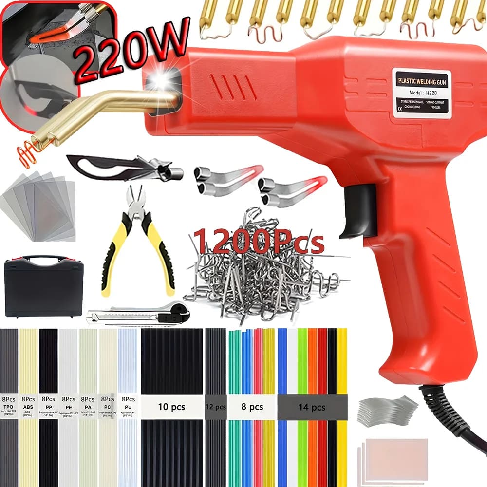 Kit saldatore di plastica 220W / 50W Cucitrice a caldo aggiornata Strumento di riparazione in plastica Graffette per saldatore Kit di strumenti per riparazione paraurti auto