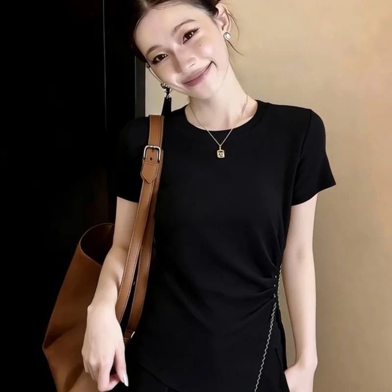 Slimming Short Sleeve T-Shirt Women's Fashionable Korean Style round Neck Split Design Breathable Polyester Casual Top