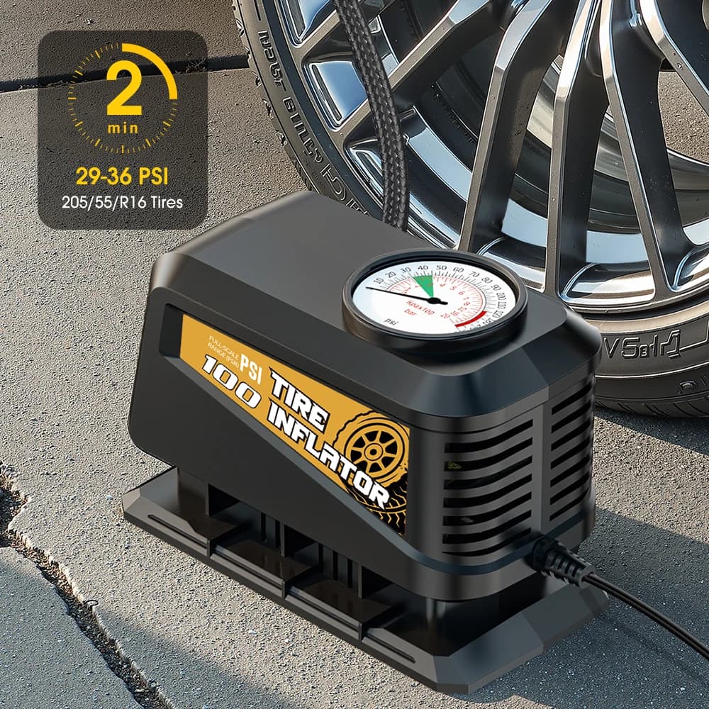 Gonfiatore portatile per pneumatici Carsun 12V, compressore d'aria plug-and-play con manometro meccanico per auto, motocicli, palline 100PSI