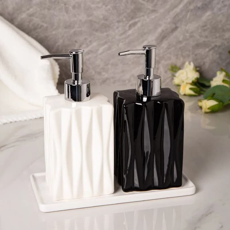 Dispenser di Sapone in Ceramica con Taglio Diamantato, Bottiglia Multiuso con Supporto per Spugna, per Igienizzante Mani e Sapone, Accessori da Bagno