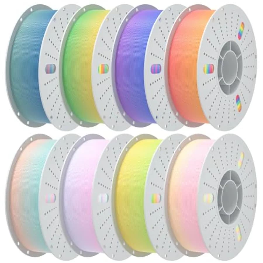 Filamento per stampa 3D per stampanti desktop, PLA effetto seta arcobaleno, multicolore con effetto sfumato, superficie lucida ad alta brillantezza, effetto dimensionale.