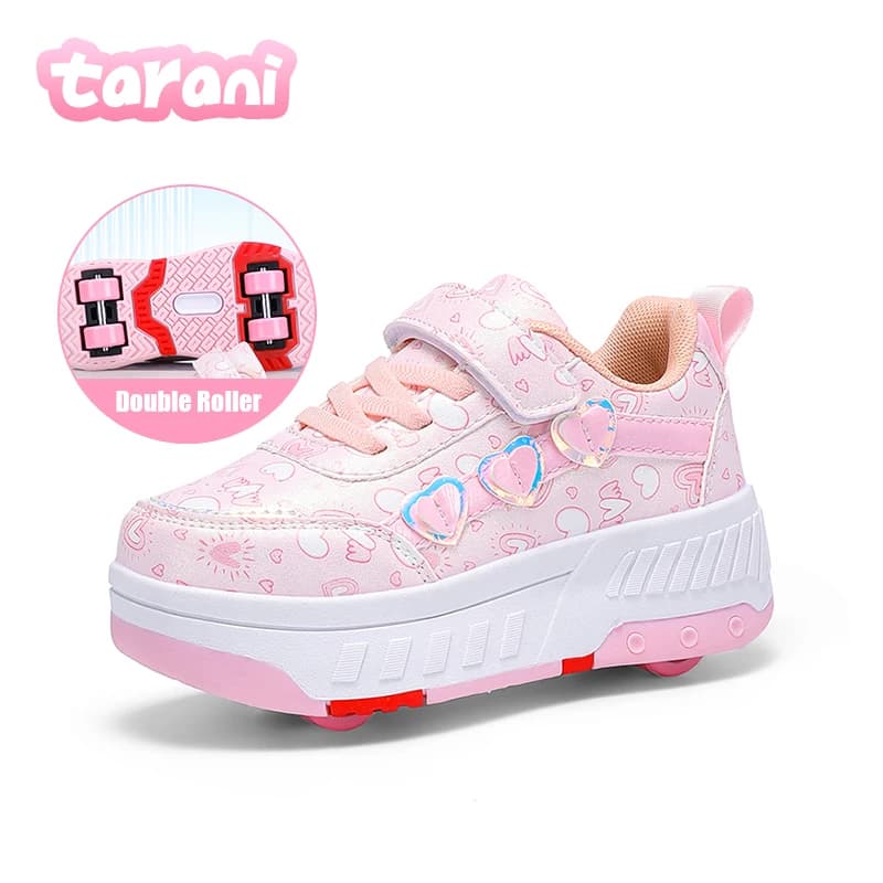 Women's Adjustable Wheel Skate Shoes With Love Printing Fashionable Casual Sport Shoes For Kids Skate Skateboard Shoes
