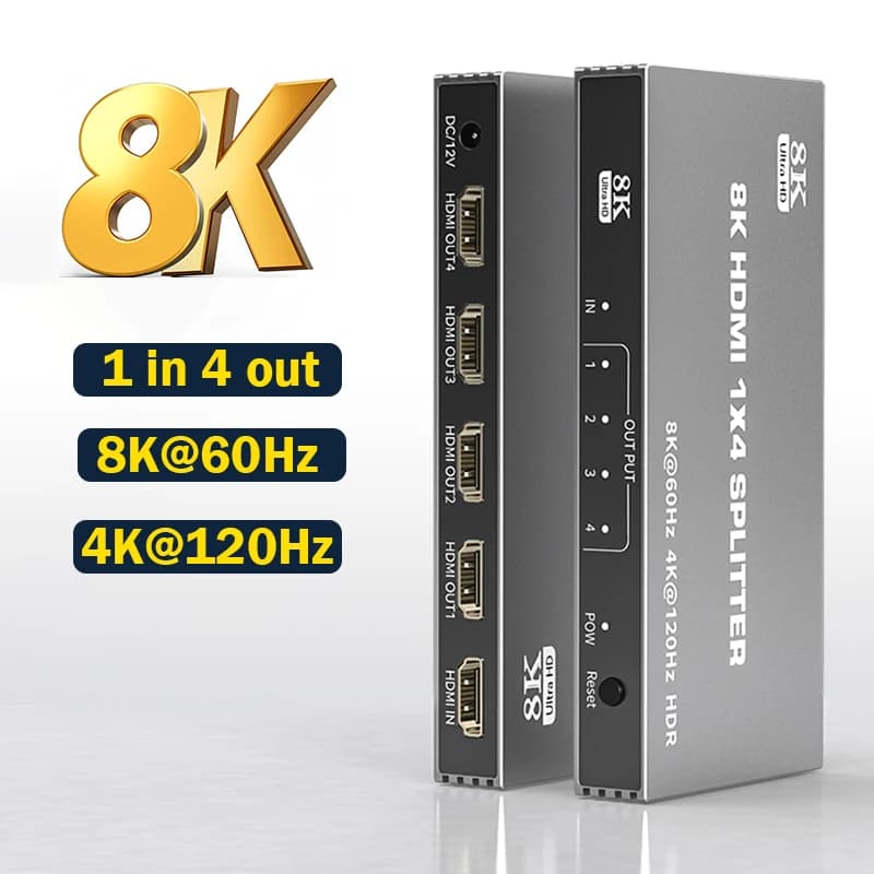 8K@60Hz HDMI Splitter 1 in 4 out 4K@120Hz Ultra HD HDMI 2.1 Splitter 1x4 Duplicate/Mirror Screen Support 48Gbps VRR HDCP2.3 HDR