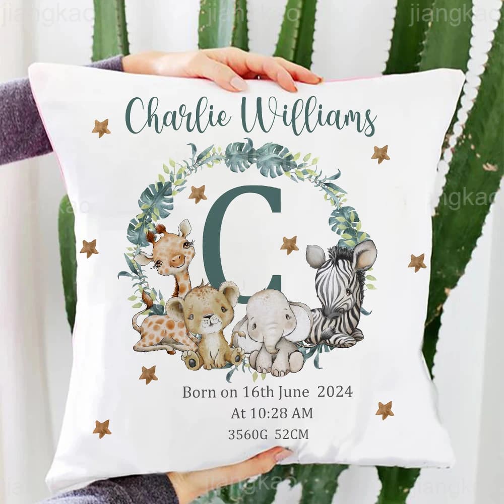Animale Safari personalizzato con nome Federa per cuscino Fodera per cuscino per asilo Camera da letto Bambini Decorazioni per feste selvagge Federa Regalo per baby shower