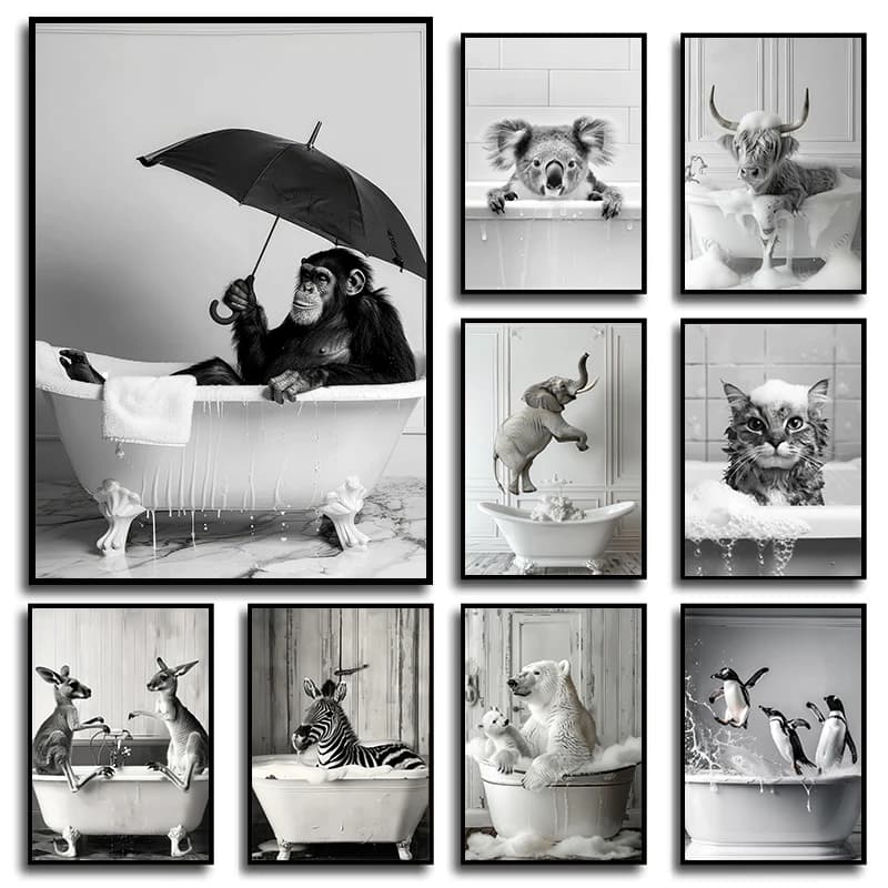 Animals in Bubbles Bathtub Modern Cute Highland Cow Koala Posters and Prints Canvas Printing Wall Art Picture for Bathroom De