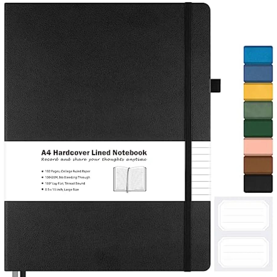 College Ruled Notebook, A4 Hardcover Leather Notebook for Work, Lined Notebook Journal for Women, Men, 192 Thick Paper, Lay Fla