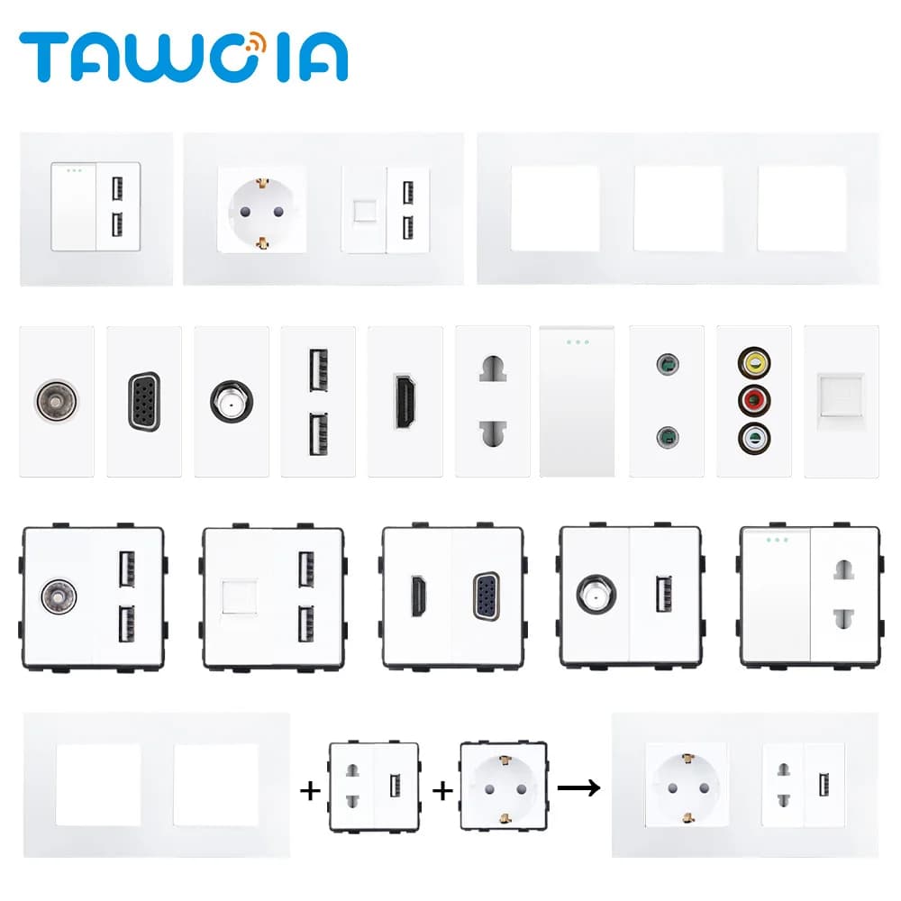 TAWOIA TV fai da te satellitare USB PC RJ45 Jack CAT6 TEL HDMI VGA auricolare presa a 2 pin interruttore a pulsante