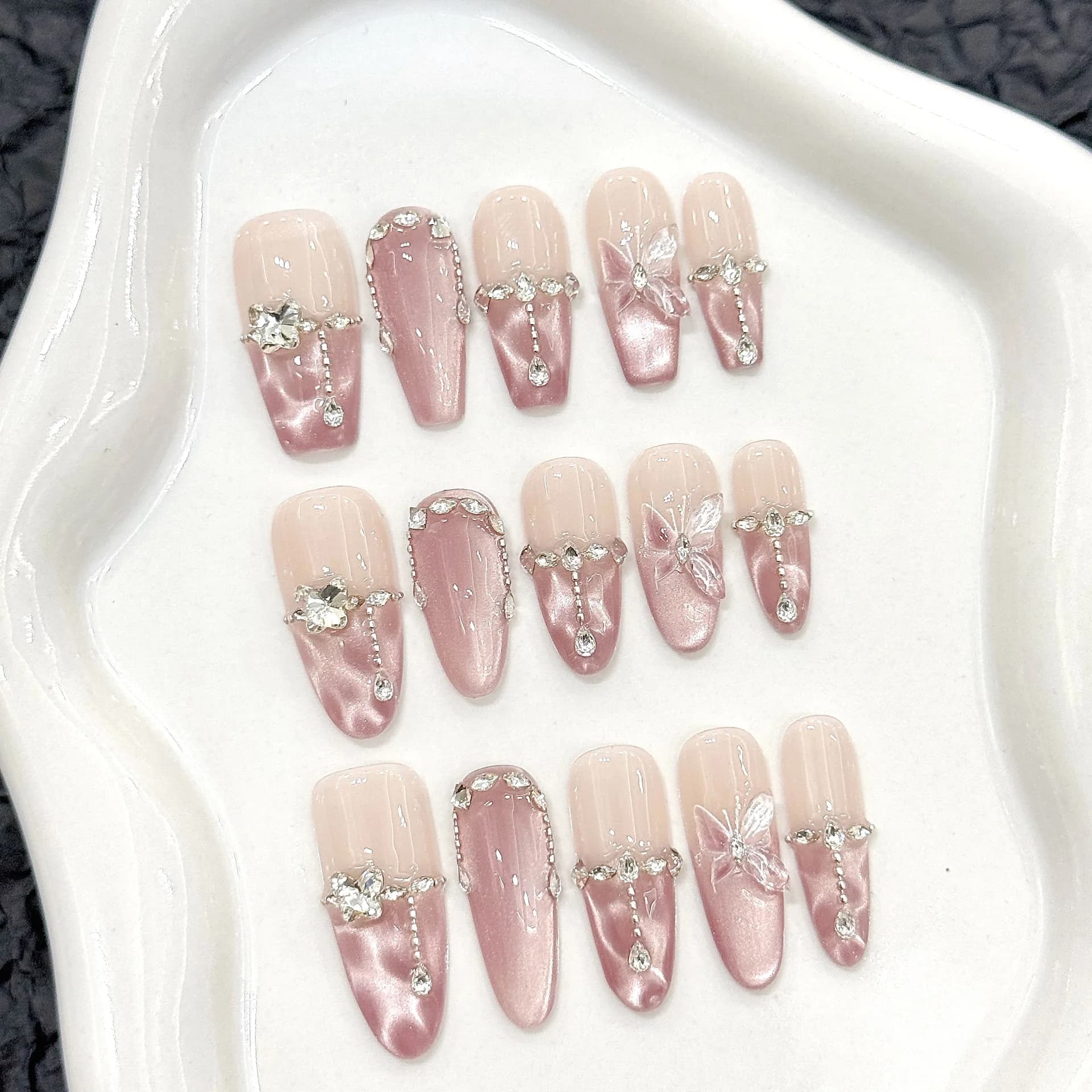 10 pezzi stampa fatta a mano sulle unghie design a farfalla rosa unghie finte indossabili riutilizzabili glitter occhi di gatto dolce coreano punte per unghie finte
