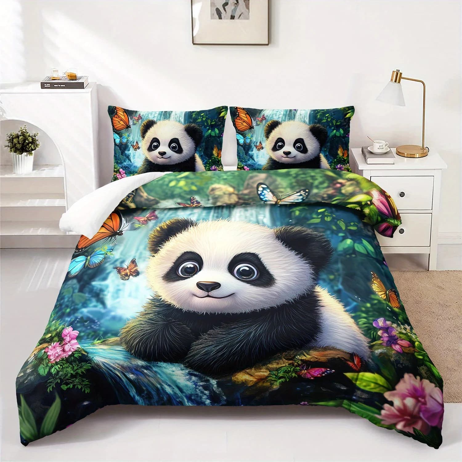 3 pezzi carino panda farfalla biancheria da letto set copripiumino panda cascata set trapunta biancheria da letto set trapunta letto a tema animale adorabile panda