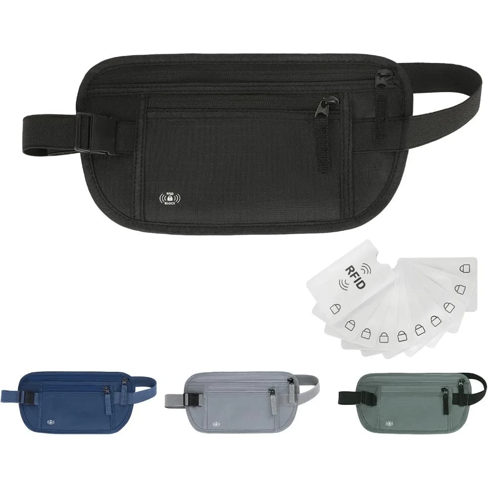 RFID Blocking Travel Money Belt with Hidden Passport Holder Anti-Theft Waist Pouch for Men Women