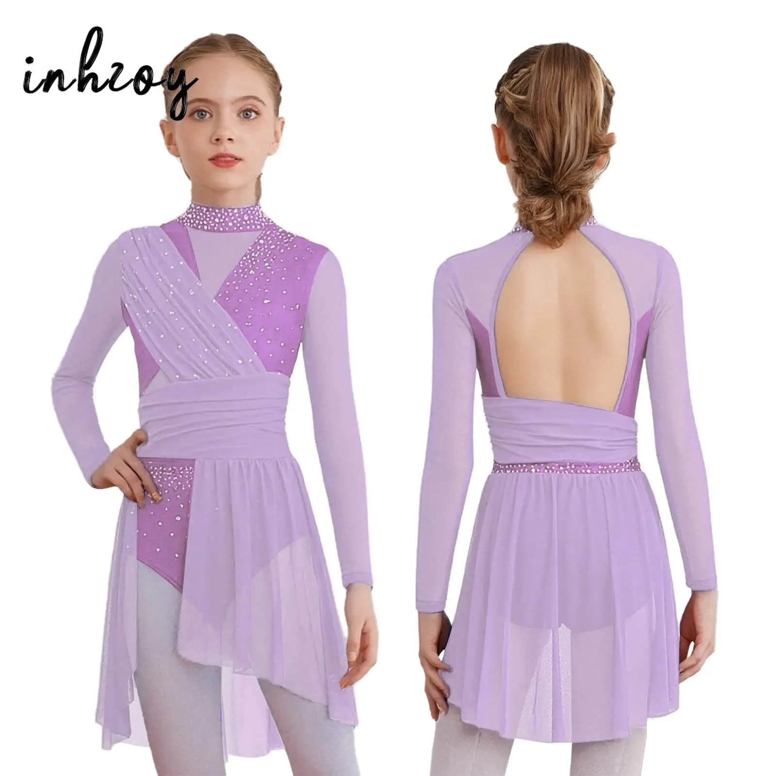 Bambini Ragazze Ginnastica Pattinaggio di Figura Balletto Vestito da Ballo Lirico Costume di Scena Maniche a Rete Trasparente con Finiture in Strass