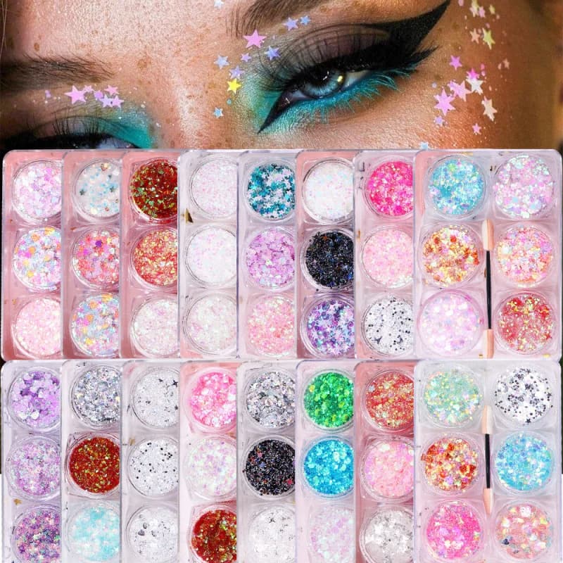 6 eye makeup stickers without glitter, stars with sequins, glitter powder, stage makeup, perlescent eye shadow, face stickers, lip stickers