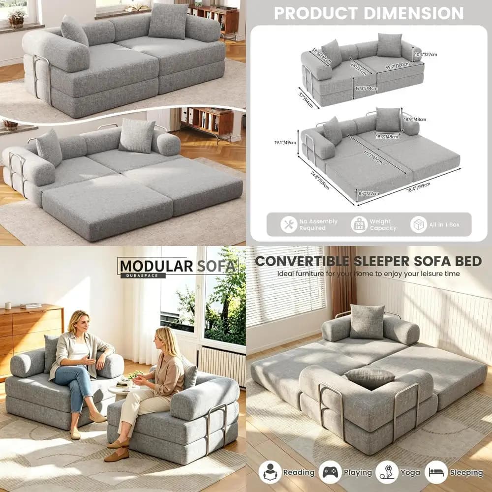 78 Convertible Sofa Bed with Chenille Fabric, Fixed-Shape Sectional Couch, Deep Seating, Pillows, No Assembly Required (Gray)