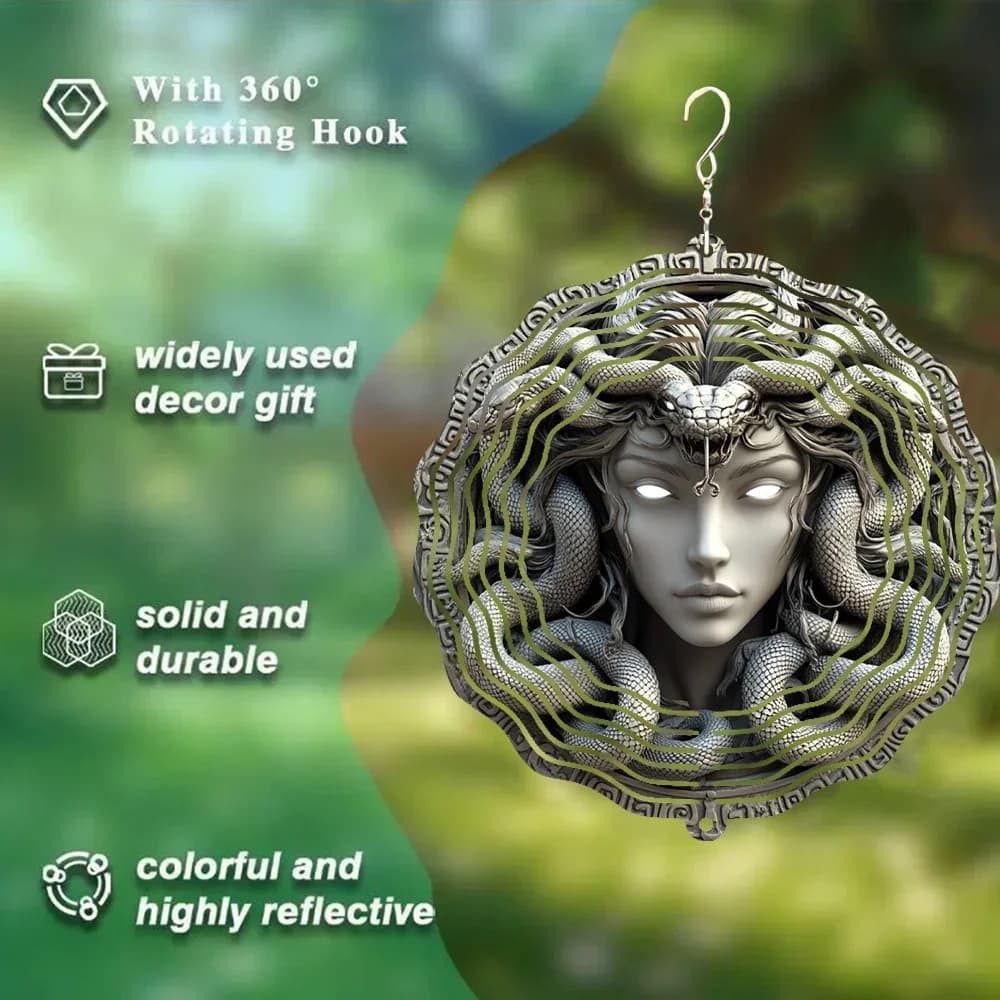 2D Flat A Beautiful Medusa Wind Chime Made of Metal, Featuring a 3D Rotating Design with a 360° Infinite Rotation Hook.