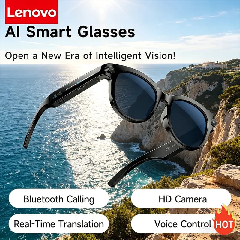 Lenovo AI Smart Glasses HD Camera LED light Translation Dialogue 290mAh Battery Meeting Video Record Outdoor Sports Sunglasses
