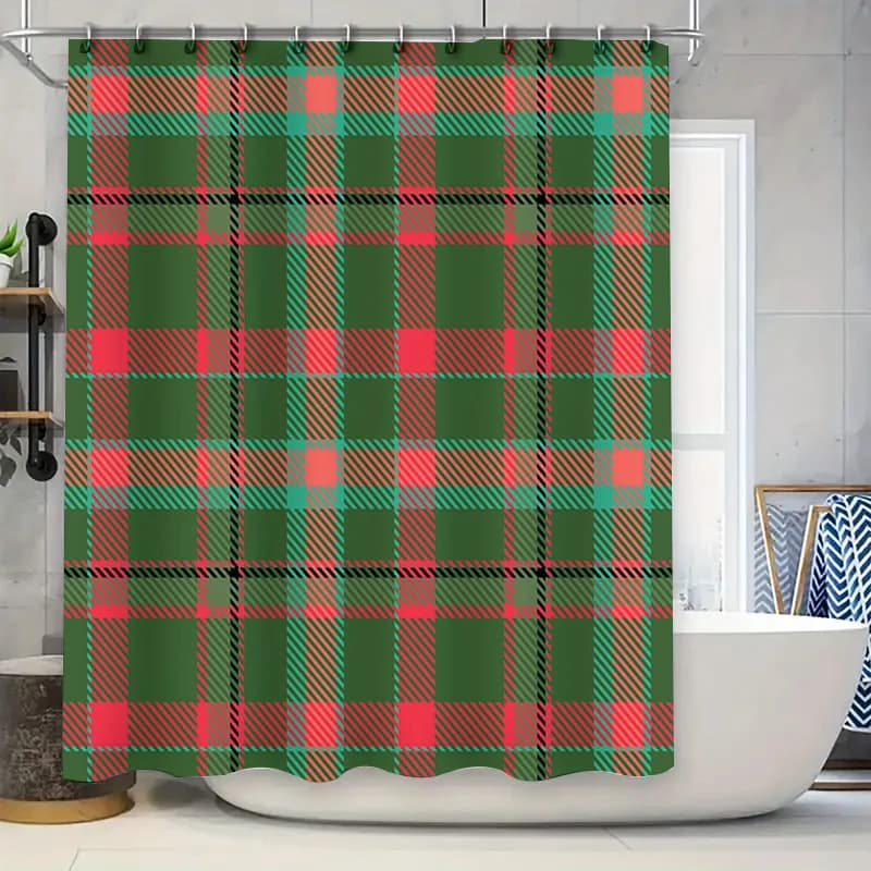 Tenda da doccia scozzese verde, tessuto impermeabile, decorazione per il bagno di casa, motivo festivo per le vacanze di Natale (design quadrato rosso)