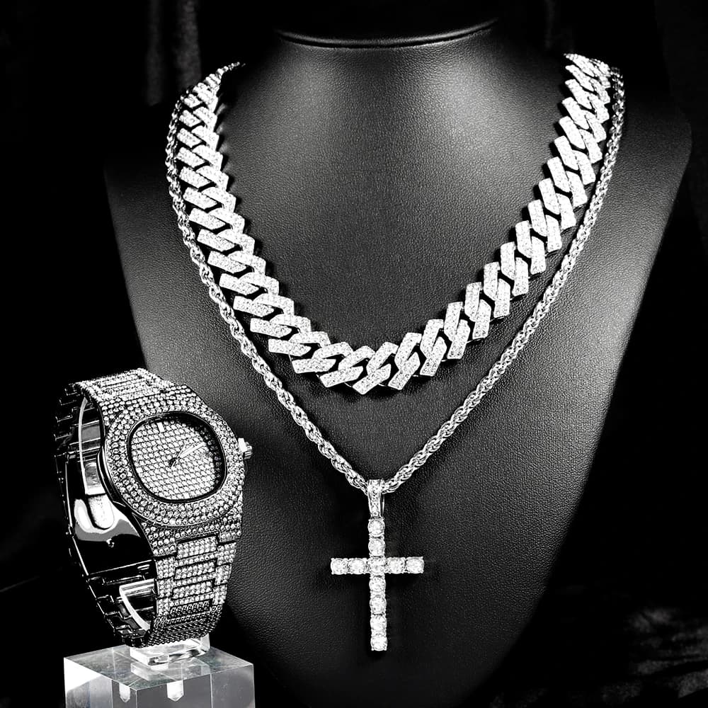 4 pcs set of hip-hop jewelry elegant watch with inlaid diamonds icy trend punk necklace with cross chain cuban woman luxury gift