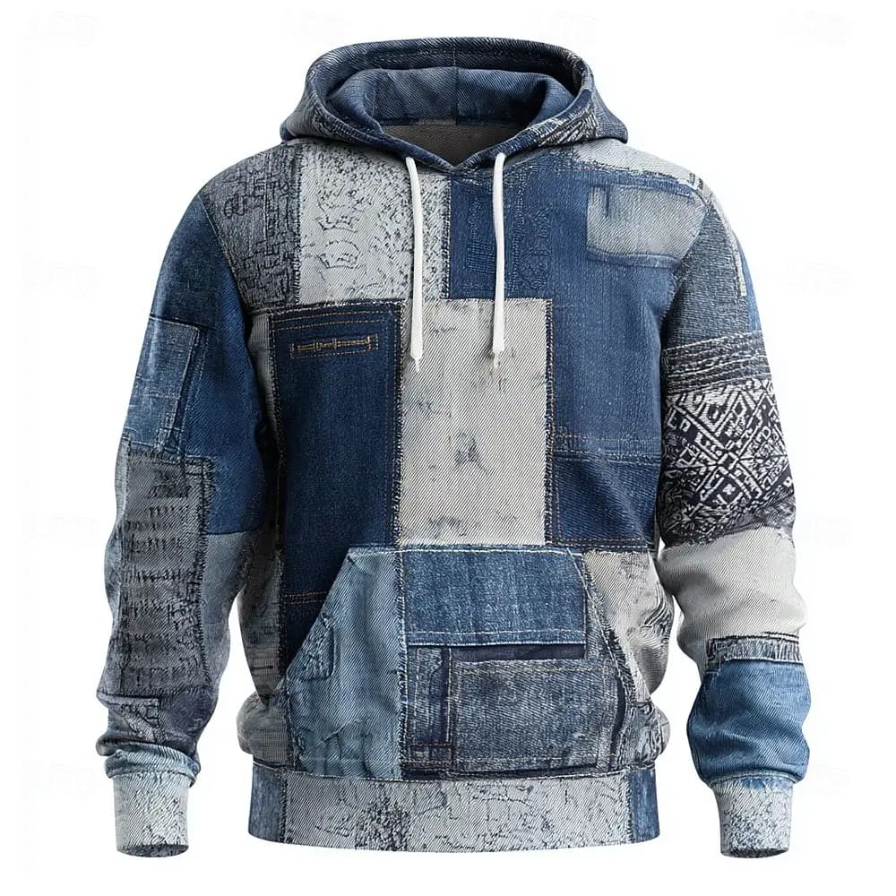 2025 Felpe con cappuccio scozzesi geometriche da uomo, felpa girocollo alla moda, stile streetwear casual, abbigliamento comfort autunno inverno con cappuccio