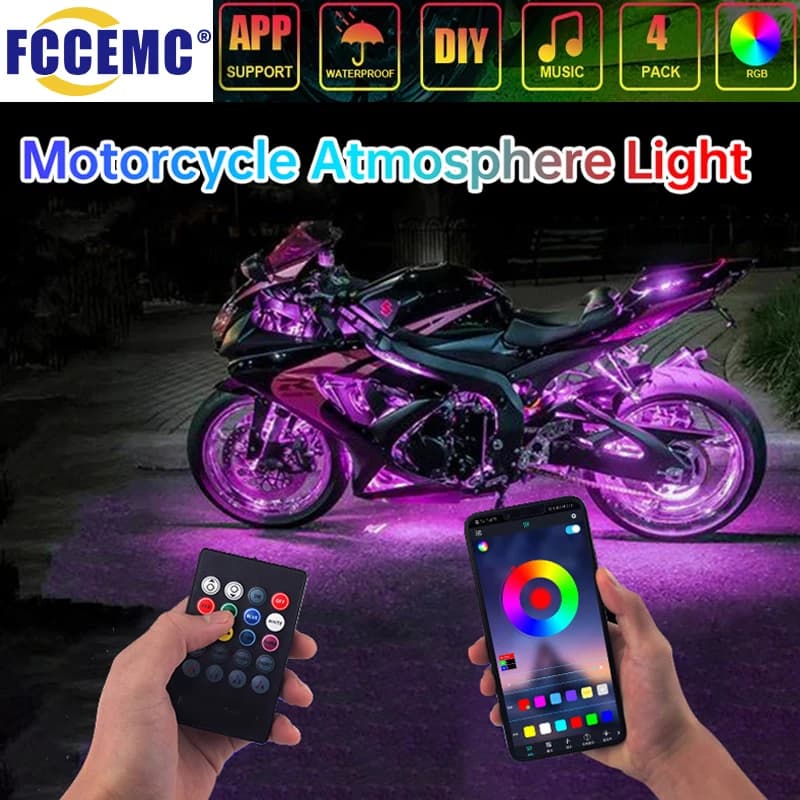 APP LED Atmosfera per auto per moto Luce per piedi Telecomando Flessibile Suono impermeabile 12V Striscia per lampada ambientale decorativa per moto