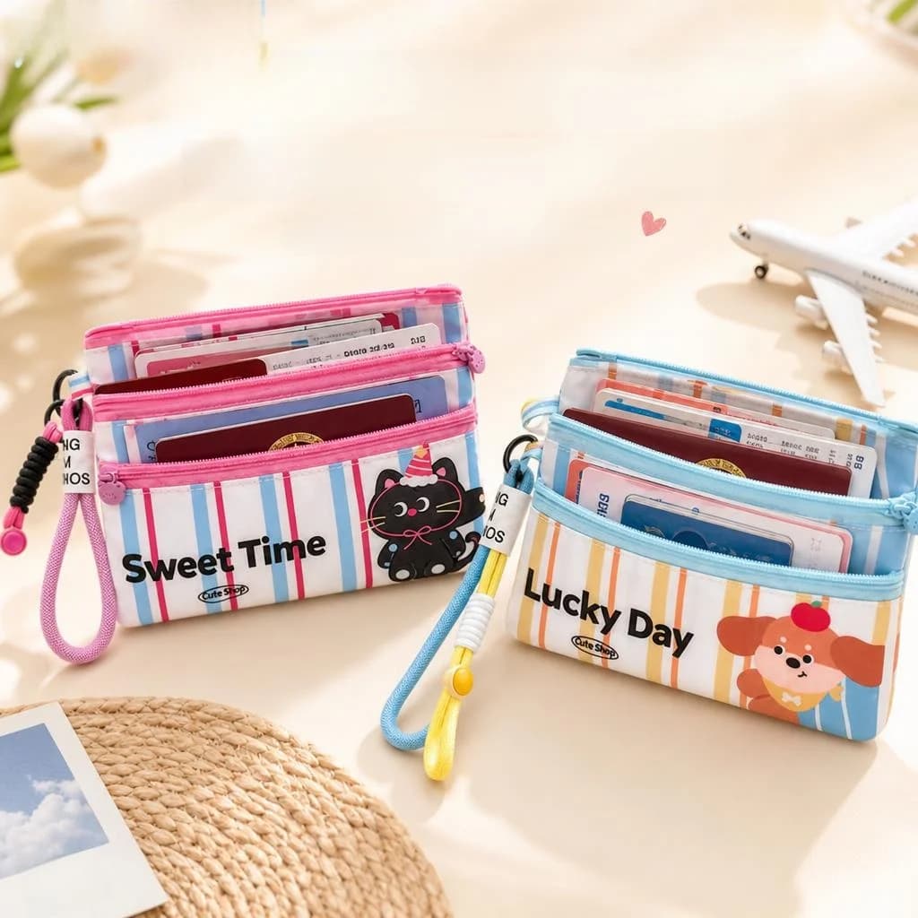 Large Capacity Travel Document Storage Bag Cartoon Style Passport ID Card Holder Portable Carry-On Flight Ticket Organizer