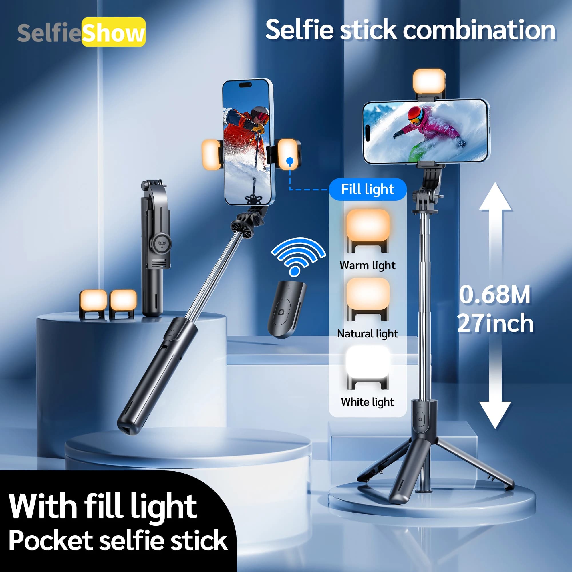 Selfieshow F01 Selfie Stick Treppiede portatile Supporto per telefono con Bluetooth wireless per Android e Iphone Smartphone Riprese Vlog