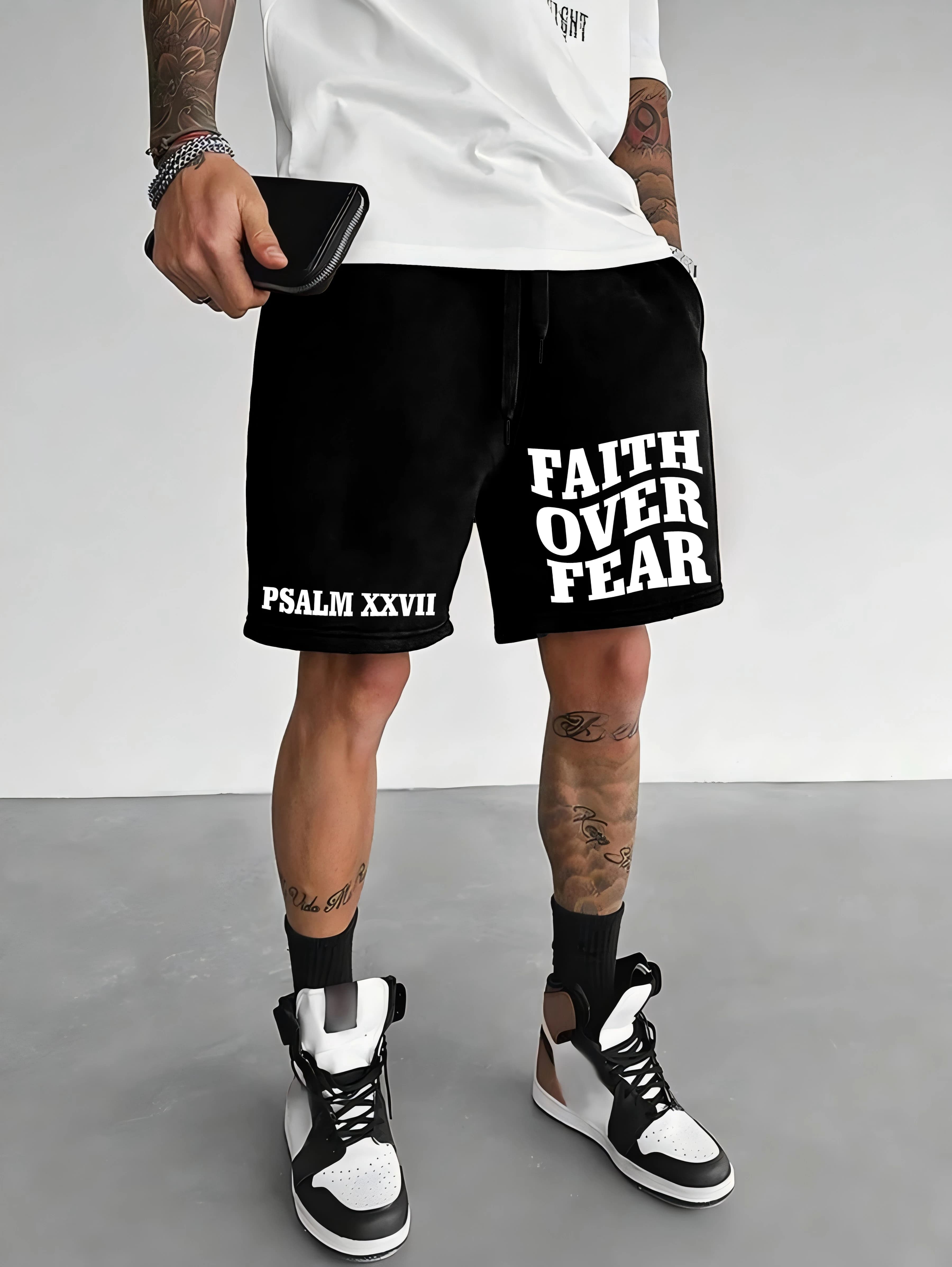 Men's Oversized Christian Streetwear Shorts Brand Faith Over Fear Psalm XXVII Graphic Print Loose Fit Cotton Blend Casual Black