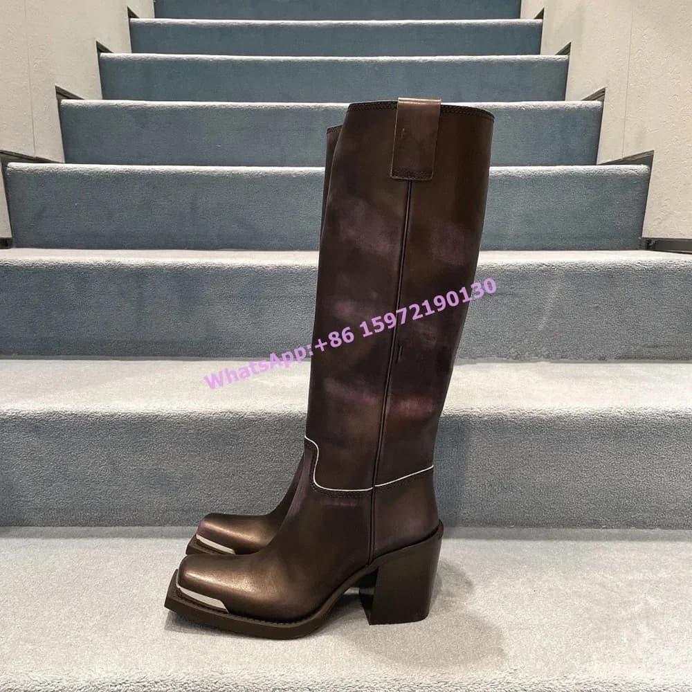 Stivali lunghi in pelle con spazzola Nero Bianco Punta quadrata in metallo Cucito Stivali alti da cavaliere al ginocchio Moda invernale Scarpe da donna calde