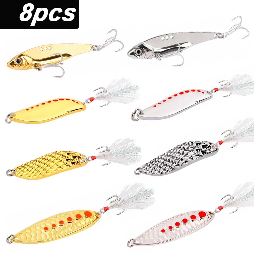8 pz/set Lure Metal Spinner Spoon Set oro argento 7g 7.5g Fishing Spinner esche paillettes ancorette attrezzatura da pesca Hard Bait