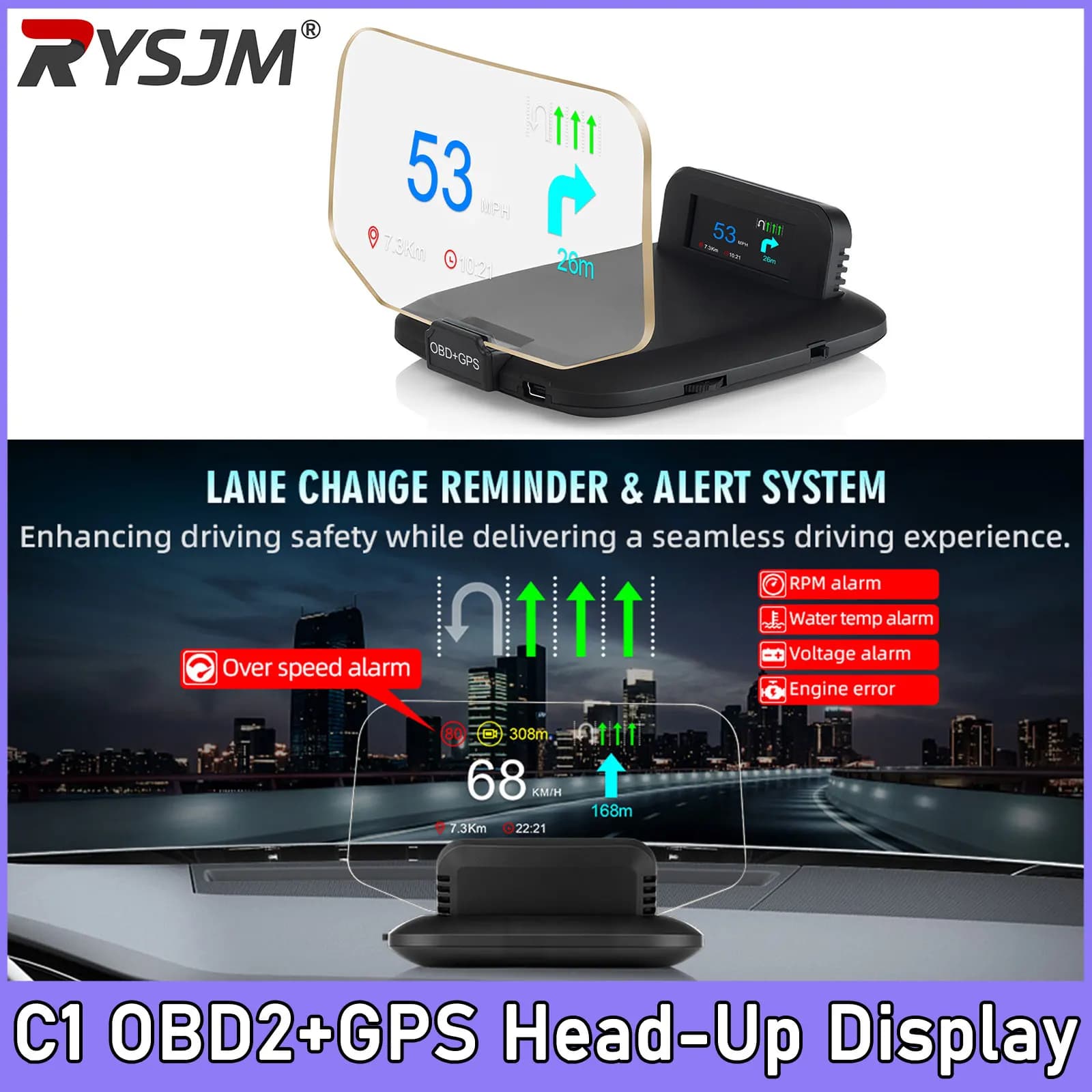 Navigation Projection C1 Car OBD2+GPS HUD Head-Up Display Car Projector Speedometer Water Temperature Voltage RPM Speed Alarm