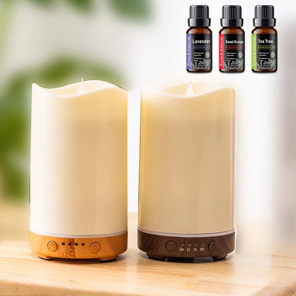 Diffusore di aromi per candele in legno con umidificatore ultra silenzioso da 130 ml con spegnimento automatico, luce LED a 7 colori, include 3 oli essenziali