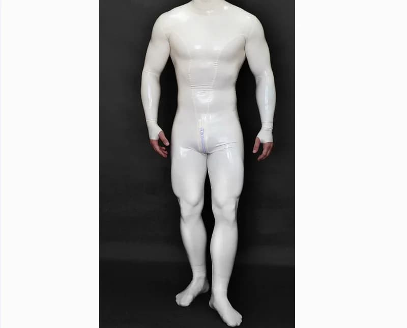 Men's White Rubber Suit, Latex Body Fit with Half Gloves and Zip Back Style Ring for Cosplay