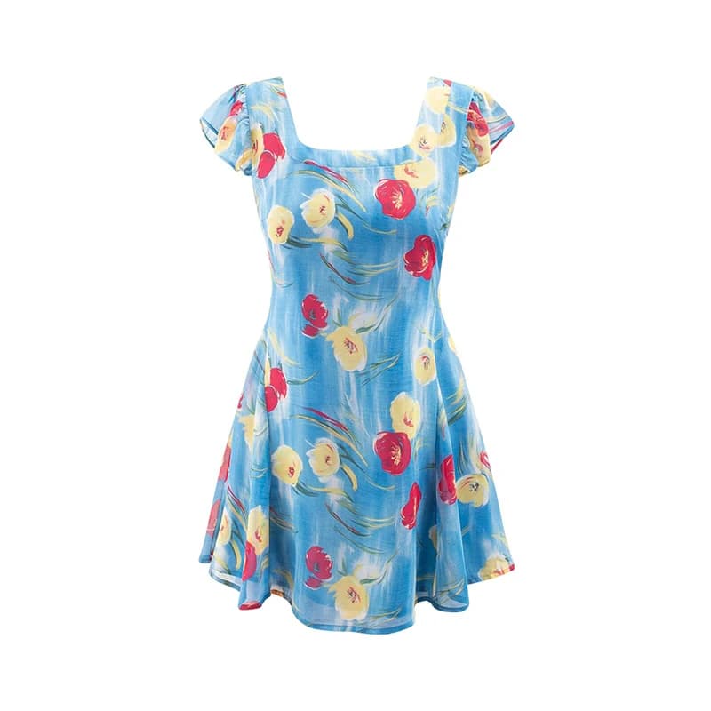 YENKYE Women's Summer Dress in French style with square neckline and A line, short dress with women's chic print