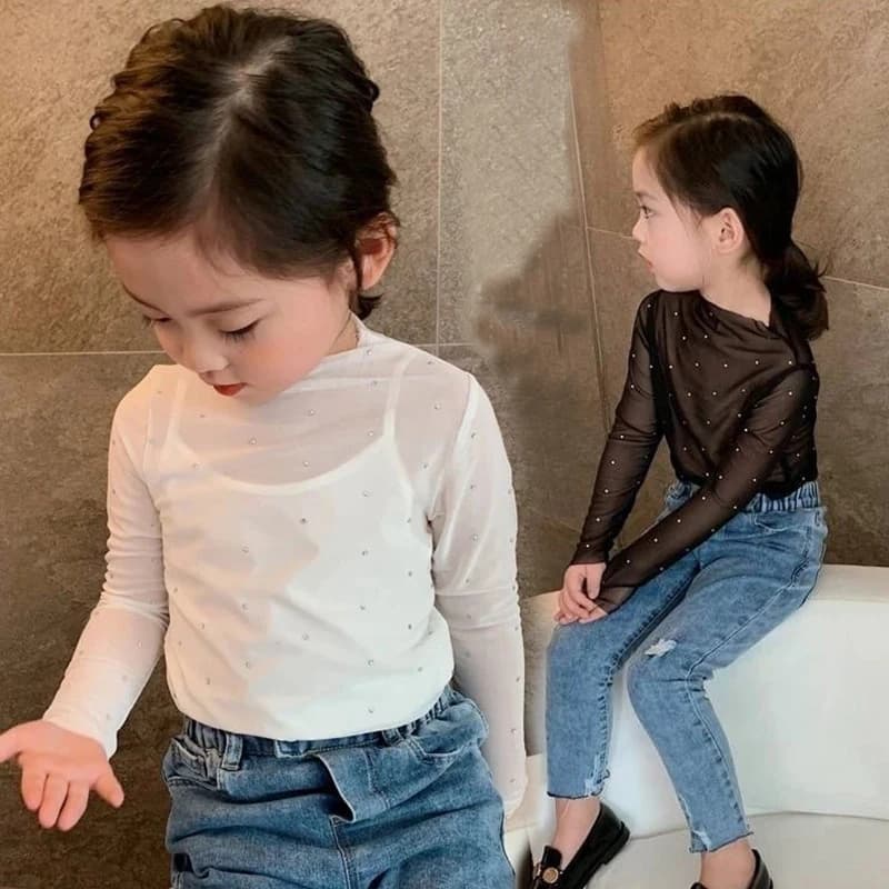 Maglietta a maniche lunghe in rete per bambine, T-shirt trasparente con paillettes, nuovo stile alla moda, top basic per bambini