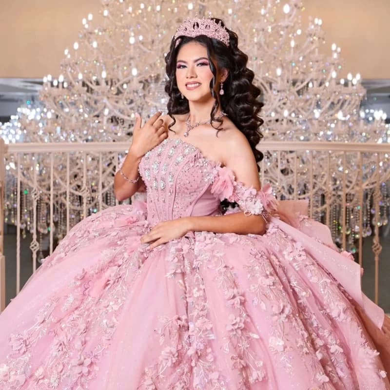 Abiti Quinceanera rosa lucido Glitter Decalcomania di cristallo con spalle scoperte Fiore 3D Coda lunga Grande fiocco Vestido 15 Quinceanera Personalizza